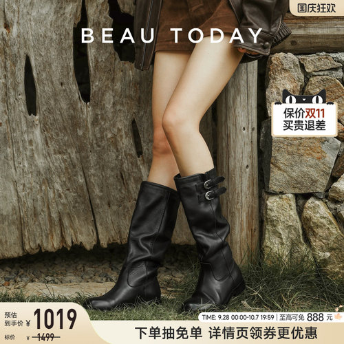 BeauToday真皮厚底中筒骑士靴