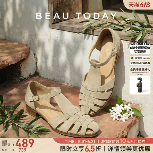 BeauToday真皮粗跟罗马凉鞋