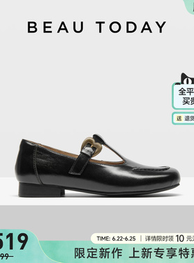 BeauToday粗跟玛丽珍鞋女2026新款方头黑色小皮鞋女方头浅口单鞋