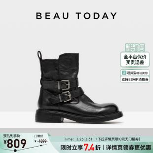 BeauToday厚底粗跟骑士靴女2026春季 英伦风马丁靴真皮黑色短靴子