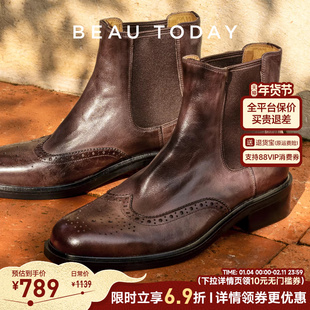BeauToday切尔西靴女布洛克真皮短靴子女BT美拉德靴子烟筒靴女款