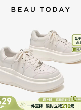 BeauToday厚底小白鞋女内增高单鞋春季休闲鞋白色板鞋女款老爹鞋