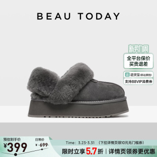 BT低帮半拖 保暖棉鞋 BeauToday泰迪系列厚底雪地靴女款 加绒毛毛鞋