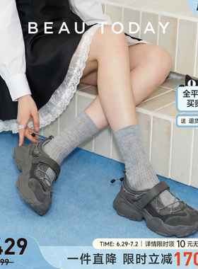 BeauToday厚底玛丽珍鞋女2026新款机能风灰色老爹鞋BT运动增高鞋