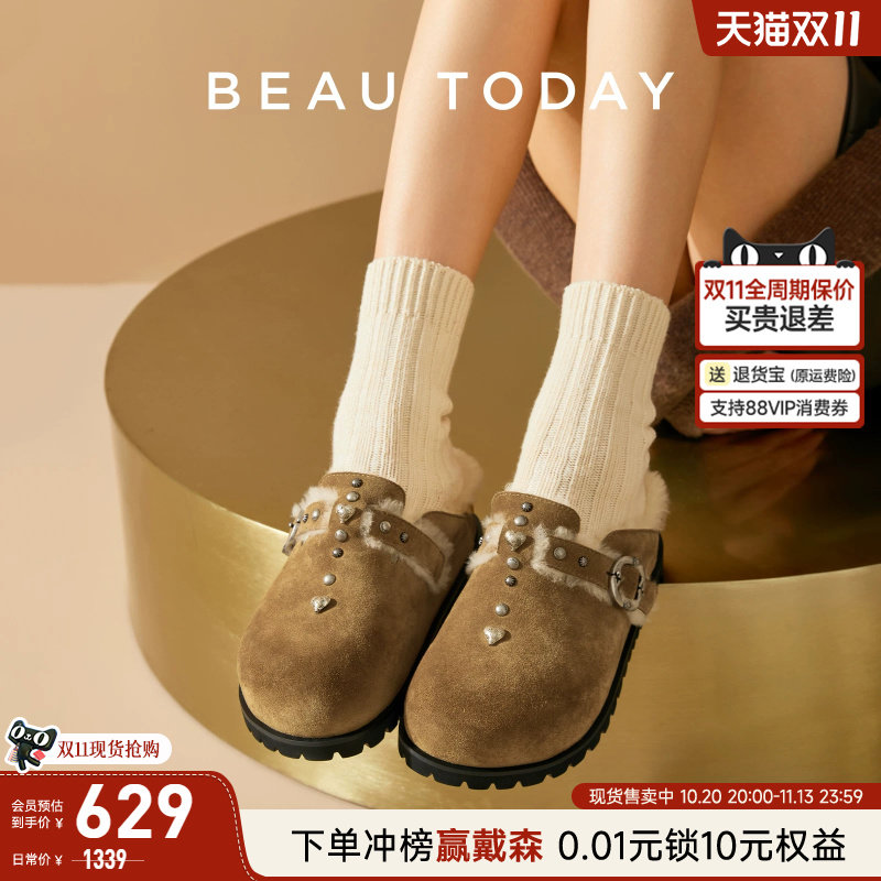 BeauToday加绒勃肯鞋女款秋冬真皮外穿一脚蹬毛毛鞋厚底毛绒拖鞋