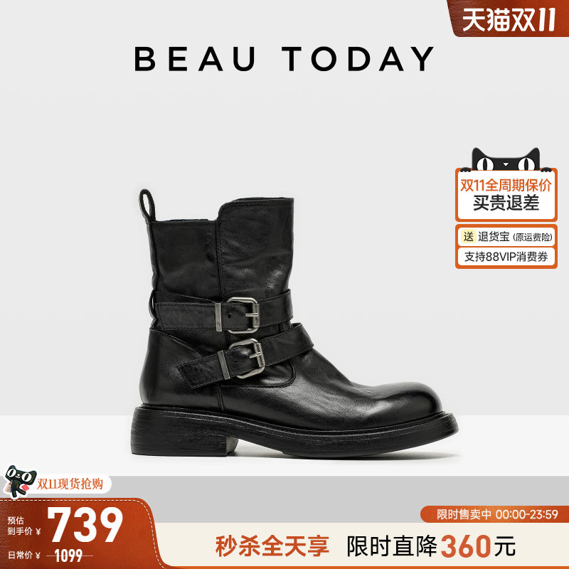 BeauToday厚底粗跟骑士靴女2026秋季英伦风马丁靴真皮黑色短靴子