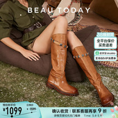 today水洗马皮骑士靴女长筒靴高筒靴复古靴子女 Beau 明星同款
