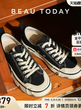 BeauToday蛋壳厚底帆布鞋女2025新款增高休闲鞋女运动鞋黑色板鞋