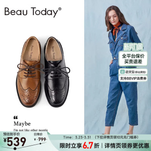 BeauToday复古英伦风小皮鞋女春季BT法式单鞋牛津鞋系带工作鞋女