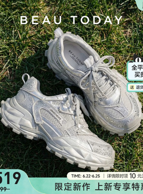 BeauToday厚底老爹鞋2026新款夏季灰色增高运动鞋网面透气休闲鞋