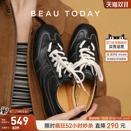 BeauToday德训鞋女款内增高2026新款秋季老钱风黑色全真皮休闲鞋