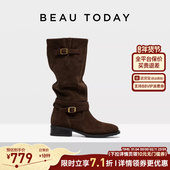 弥野牧歌 BeauToday复古长筒靴女皮带扣高筒骑士靴真皮堆堆靴