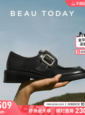 BeauToday英伦小皮鞋女2026新款春季BT黑色乐福鞋真皮方头孟克鞋