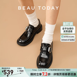 真皮方头单鞋 复古乐福鞋 子女 女春季 BeauToday人生新旅英伦小皮鞋