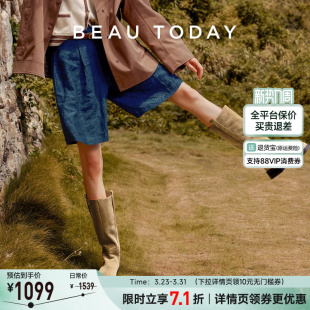 厚底棕色高筒靴骑士靴子 BeauToday真皮长筒靴女春季 明星同款