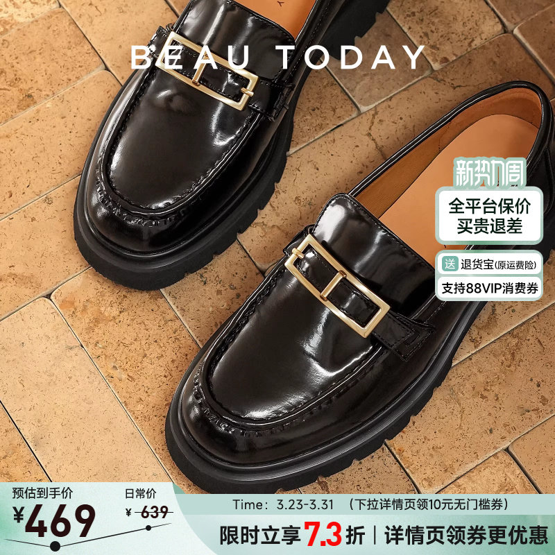 BeauToday厚底增高乐福鞋女款春季英伦风小皮鞋BT真皮黑色单鞋子