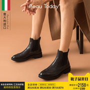 BeauToday2019秋季新款布洛克女切尔西靴英伦风粗跟真皮帅气短靴