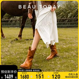BeauToday真皮西部牛仔靴女复古骑士靴女粗腿棕色短靴女BT美拉德
