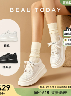 BeauToday厚底小白鞋女内增高小个子BT白色板鞋真皮增高鞋老爹鞋