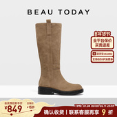BeauToday长筒靴女款 明星同款 BT厚底棕色靴子高筒靴瘦瘦靴女