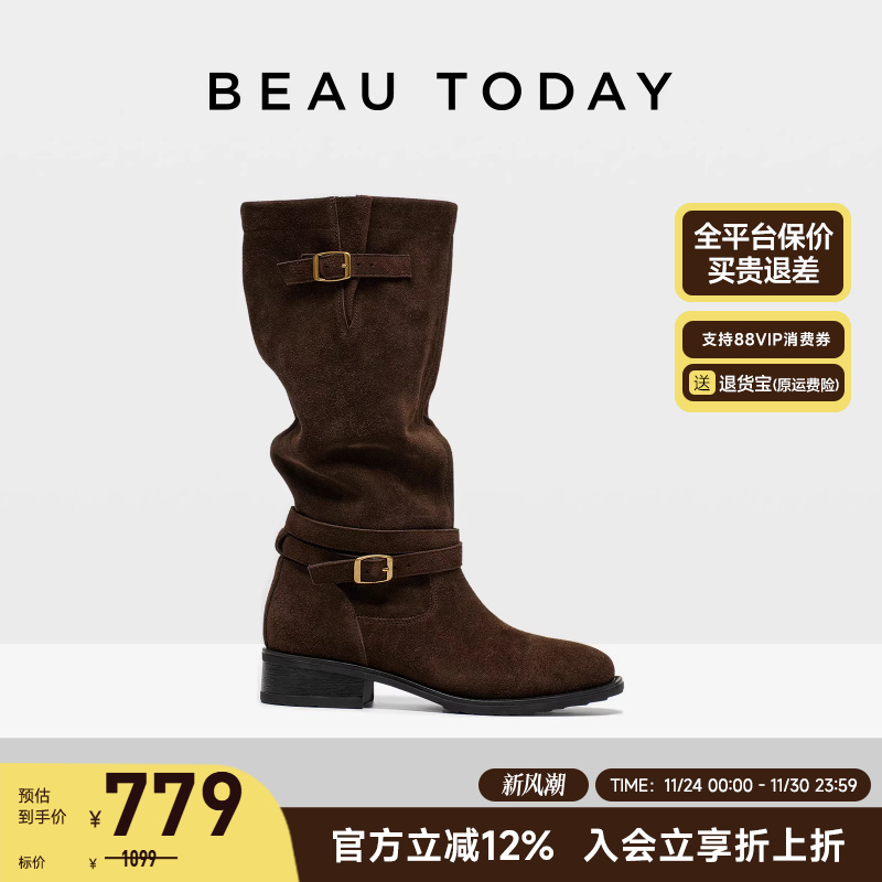 BeauToday复古骑士靴女2025新款