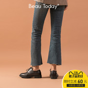BeauToday2019秋季新款复古布洛克平底单鞋女真皮粗跟英伦小皮鞋