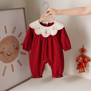 新生儿婴儿衣服春秋季女宝宝连体衣红色喜庆公主哈衣满月周岁礼服