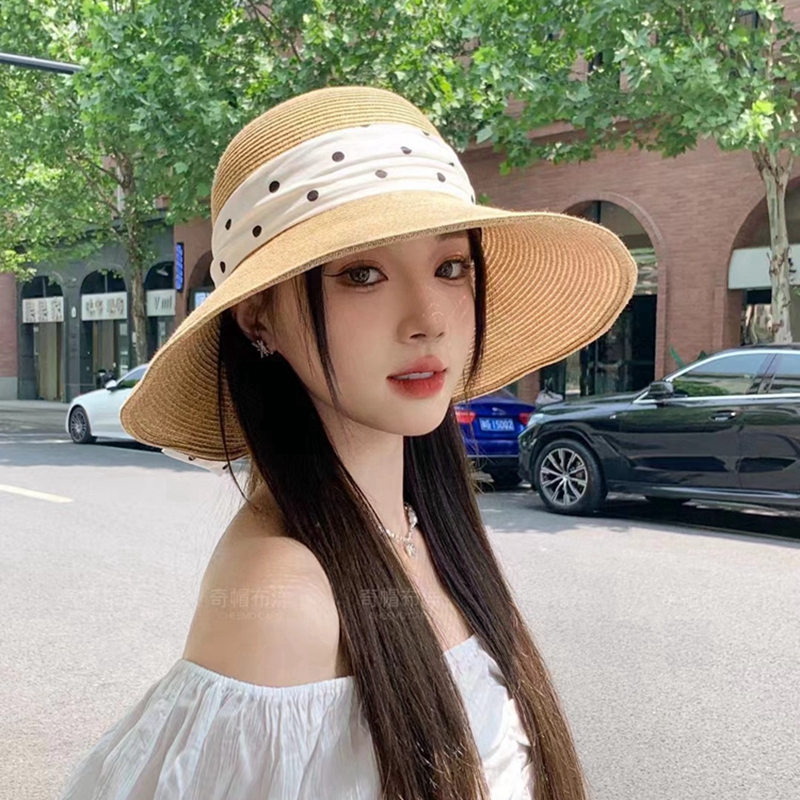 2024新款草帽子女夏季防晒渔夫帽沙滩防紫外线波点大檐遮阳太阳帽