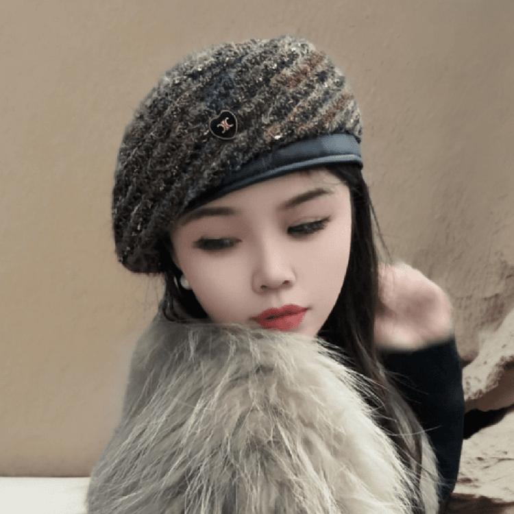 新款韩版气质贝雷帽女秋冬复古画家帽亮片百搭小香风显脸小南瓜帽