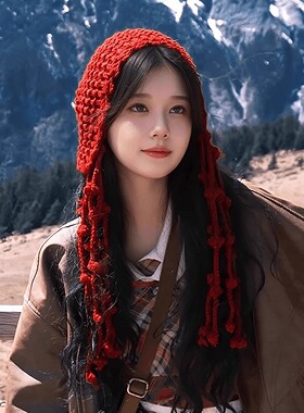 川西旅游百搭流苏球针织包头帽子