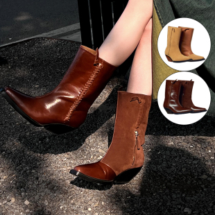 Yshan studio 2026新款尖头拼接靴子中筒靴女M星店