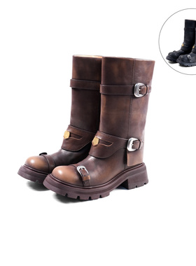 EMPTY BEHAVIOR25秋冬新款三层绷带长靴皮扣带中筒粗跟圆头时装靴