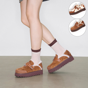 扣饰厚底毛毛全包勃肯鞋 lost echo 圆头一脚蹬皮带扣平底鞋