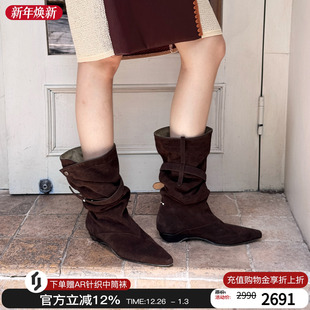 Orinous25新款 V字扣带长靴尖头麂皮堆堆靴两穿可折叠及膝靴靴子女