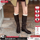 cotemp25秋冬新款 做旧坦克靴褶皱中筒靴绑带骑士靴金属搭扣靴子女