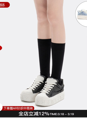 TRAPAR WAVES 26新款牛仔毛边浮雕厚底帆布鞋系带休闲板鞋M星