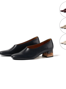 faytobe 26新款老钱风复古方头单鞋女舒适一脚蹬粗跟通勤奶奶鞋