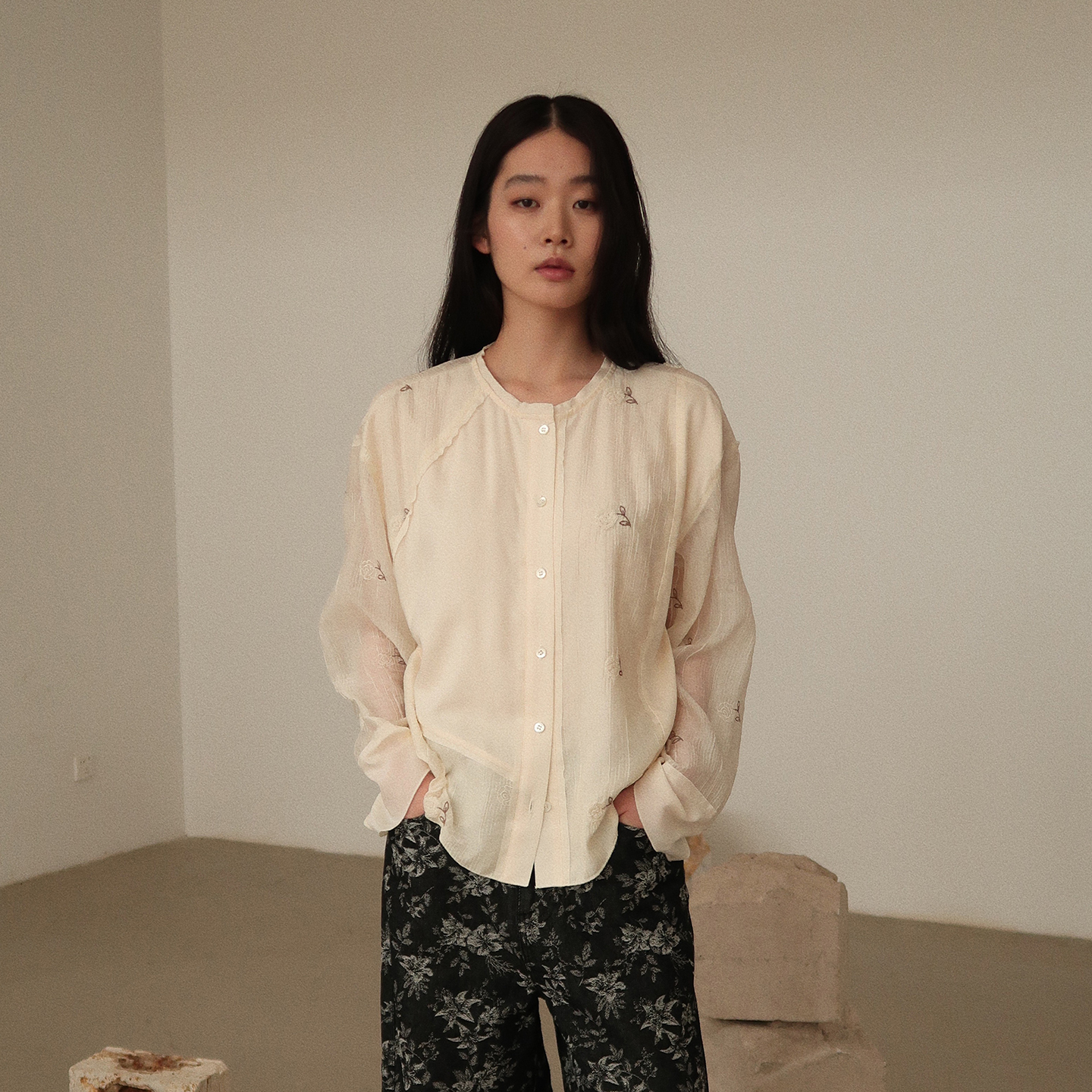 Sesaar赛萨 25新款Senae塞奈衬衫拼接立体刺绣上衣微透宽松清凉