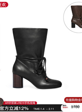 unfolio 25秋冬新款束带粗跟短靴复古系带靴子女M星店