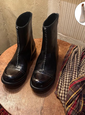 新品 Afflatus3 2025新款巴洛克雕花短靴经典手工圆头马皮靴子女