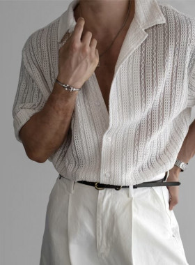 NO LOGO老钱风短袖衬衫男款夏季镂空针织透气防晒休闲古巴领衬衣