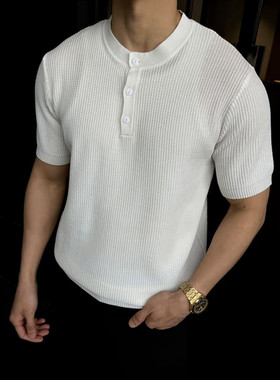 NO LOGO老钱风亨利领针织短袖男款夏季薄款宽松休闲肌理感冰丝T恤