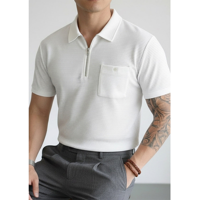 夏季男款透气条纹拉链Polo衫