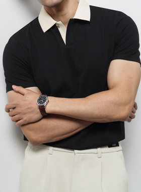 NO LOGO空气层V领POLO衫男短袖夏季修身商务休闲透气棉质T恤上衣