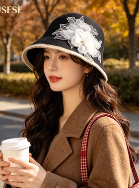 撞色包边白色蕾丝花朵礼帽女秋冬渔夫盆帽法式优雅美拉德穿搭帽子