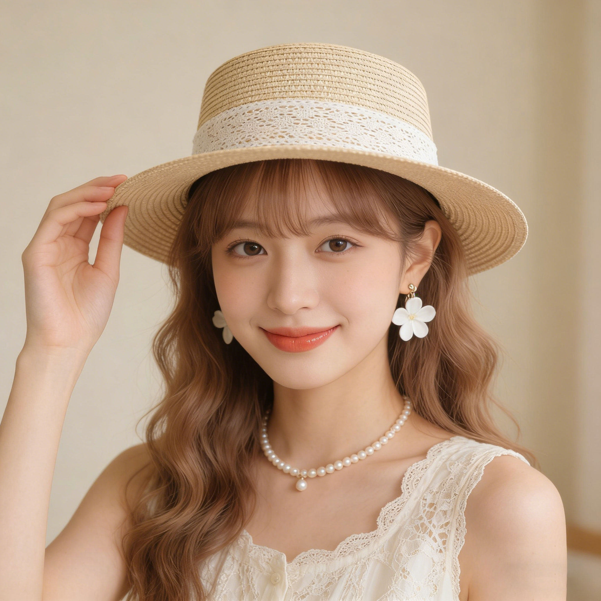 日系小清新草编帽子女夏季透气防晒帽海边度假沙滩帽蕾丝平顶礼帽