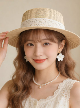 日系小清新草编帽子女夏季透气防晒帽海边度假沙滩帽蕾丝平顶礼帽