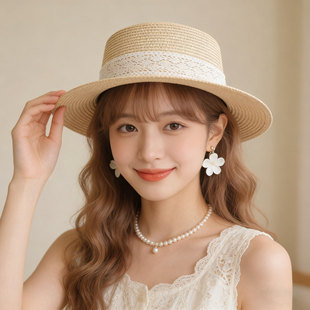 日系小清新草编帽子女夏季透气防晒帽海边度假沙滩帽蕾丝平顶礼帽