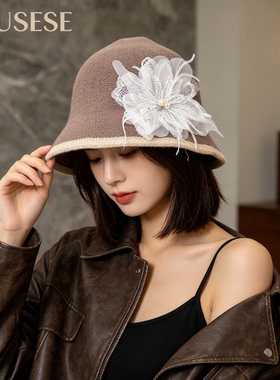 撞色网纱羽毛花朵礼帽女秋冬咖色渔夫盆帽法式复古优雅穿搭帽子
