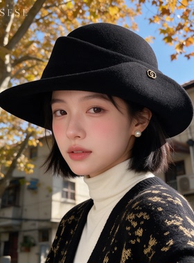 赫本风秋冬黑色定型礼帽女金属标不规则帽檐毛呢帽复古名媛穿搭帽
